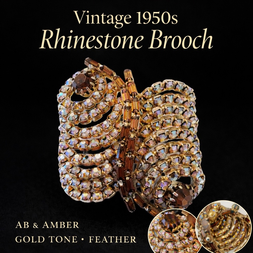 Vintage AB Rhinestone Butterfly Brooch Gold Tone Amber Mid Century Pin